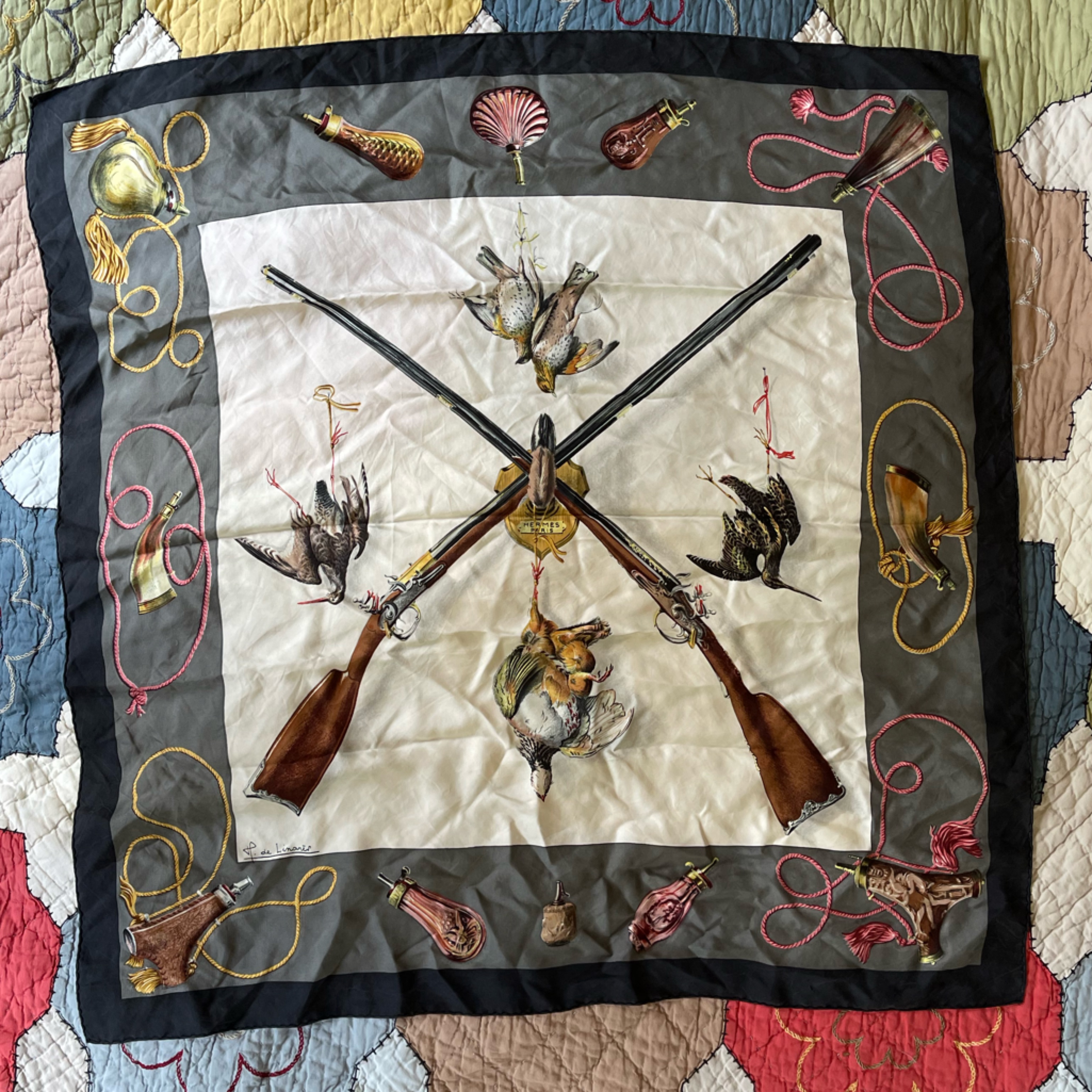 Hermes Scarf "Les Fusils" By Henri De Linares 90cm Silk Scarf 1960. Rifles/Game